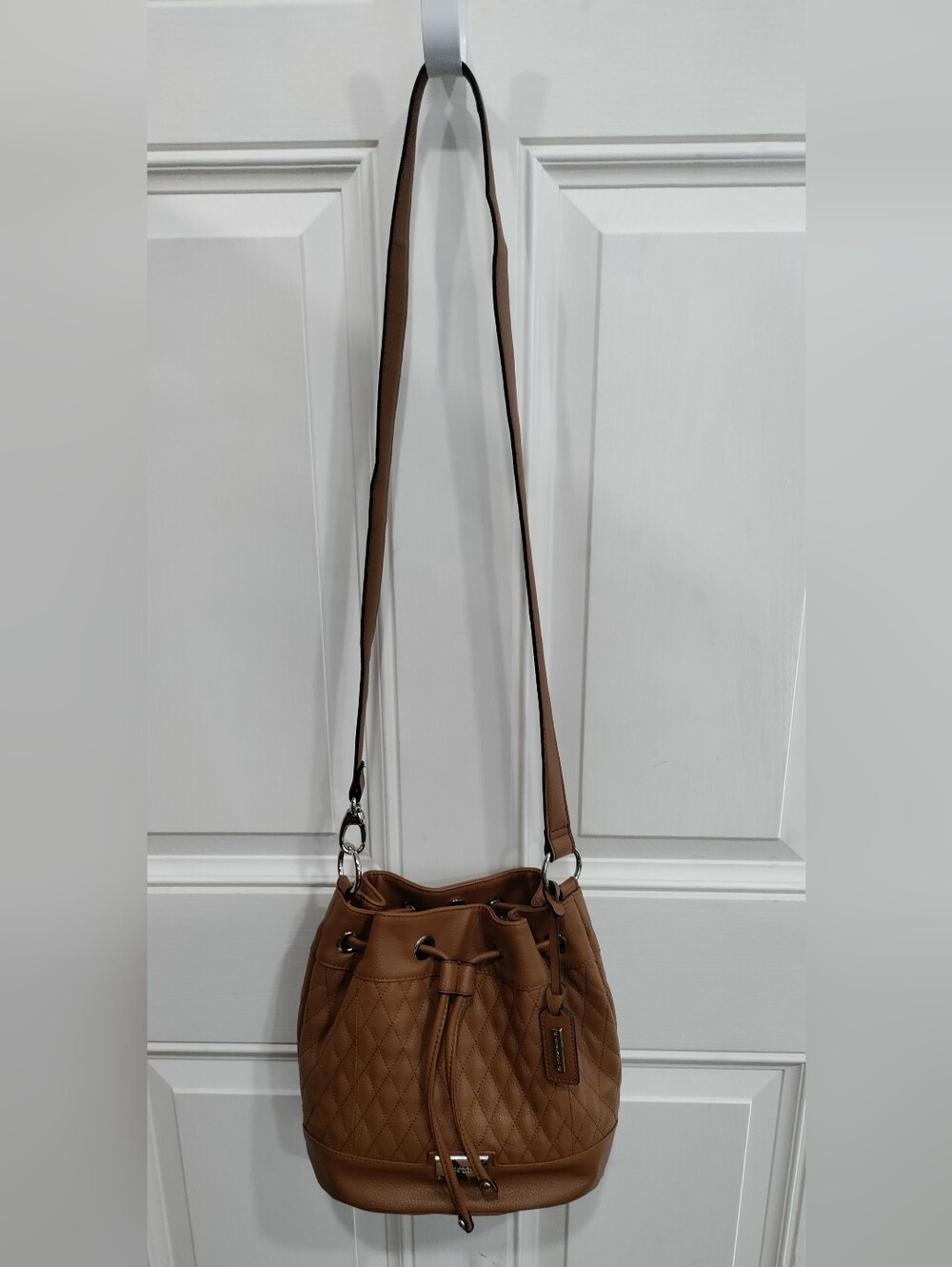 Tignanello Genuine Leather Quilted Bucket Crossbody Bag Cognac